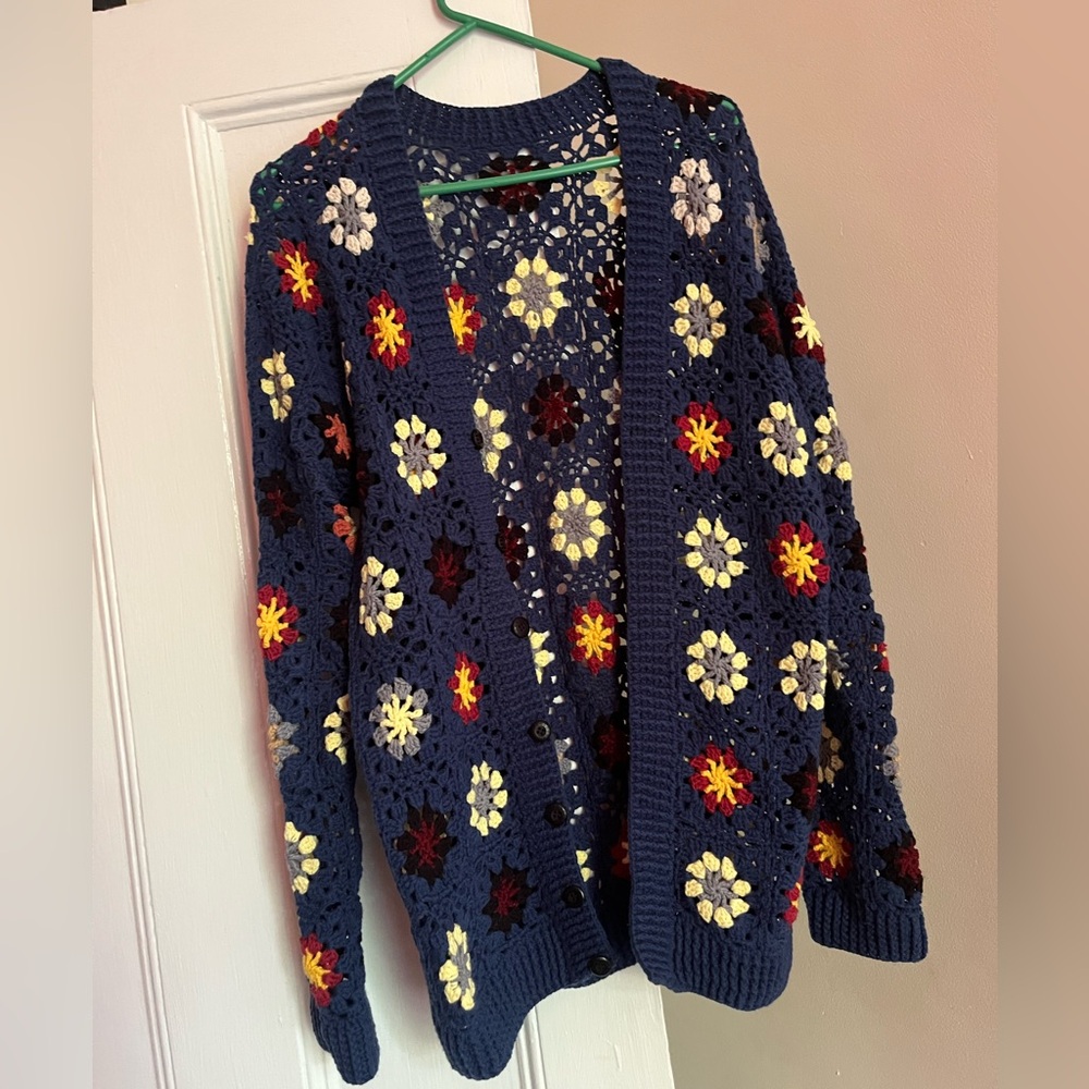 Floral Crochet Cardigan in Navy